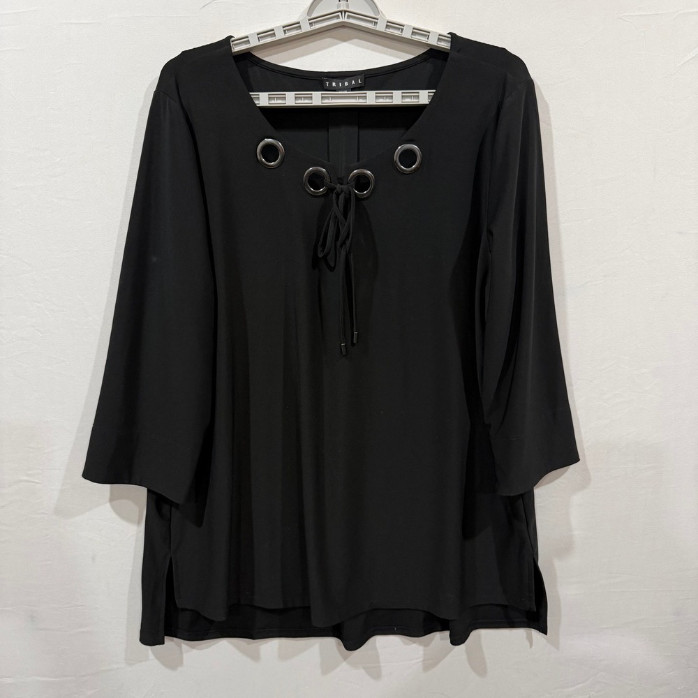 Tribal Womens XL Black Grommet Tie Neck 3/4 Sleeve Blouse Top 2704O-925‎